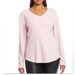 Chaser Waffle Knit Pink V-Neck Top Shirt Long Sleeve XL